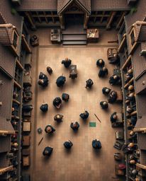 Experience a breathtaking overhead bird’s eye view of a magical school teeming with young wizards, rendered in calming natura