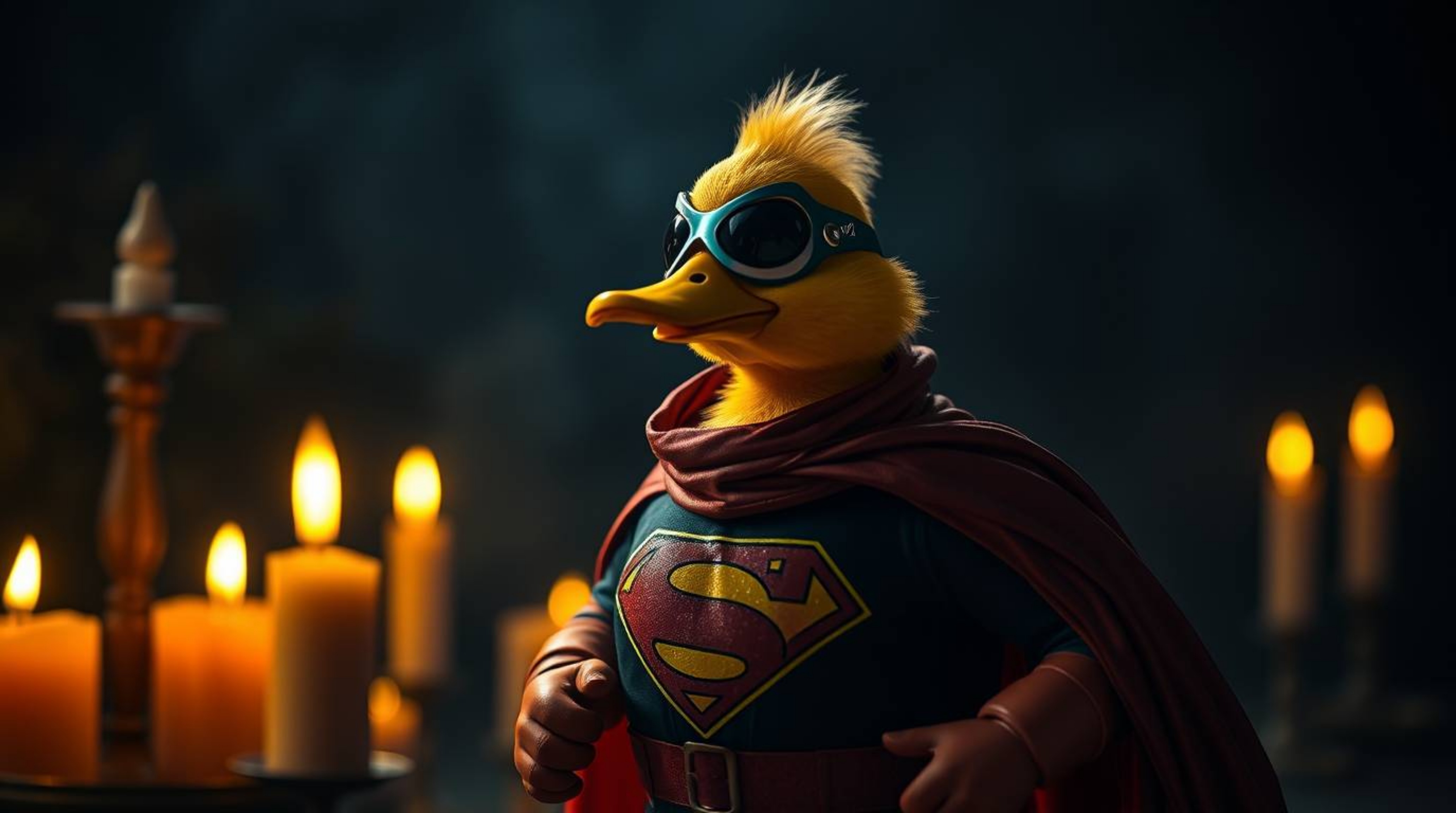 A whimsical and visually striking image featuring a duck in a zany superhero costume, dramatically illuminated by the contras
