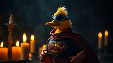 A whimsical and visually striking image featuring a duck in a zany superhero costume, dramatically illuminated by the contras