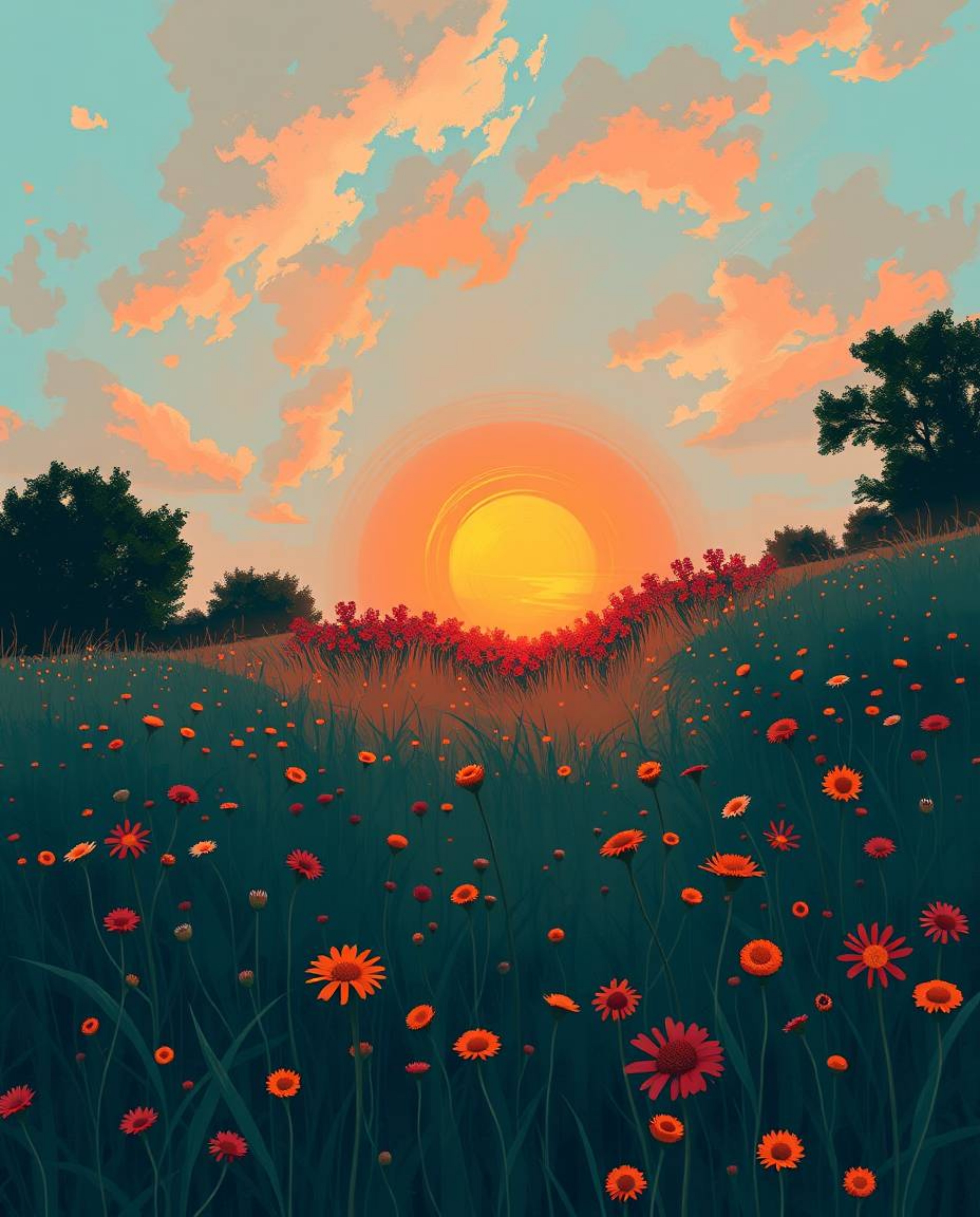 A stunning overhead bird's eye view digital painting of a sunset over a spring wildflower meadow. This realistic artwork uses