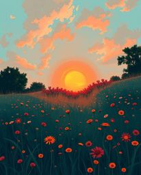 A stunning overhead bird's eye view digital painting of a sunset over a spring wildflower meadow. This realistic artwork uses