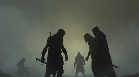 Discover a captivating digital painting depicting a team of misfit heroes shrouded in thick fog.  The muted color palette and
