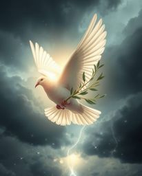 Ethereal light illuminates a dove carrying an olive branch as it navigates turbulent stormy skies, showcasing fantastical art