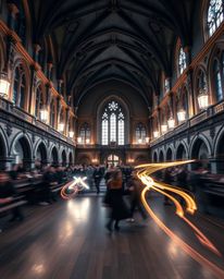 Capture the enchanting beauty of a magical school brimming with young wizards in this long-exposure photograph. The image sho