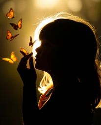 A captivating image showcasing a silhouetted girl with enchanting features, gently releasing butterflies into the air.  The b