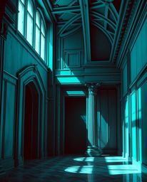 A captivating architectural photograph showcases a rich, deep teal TV screen glitch.  The image features sharp lines, intrica