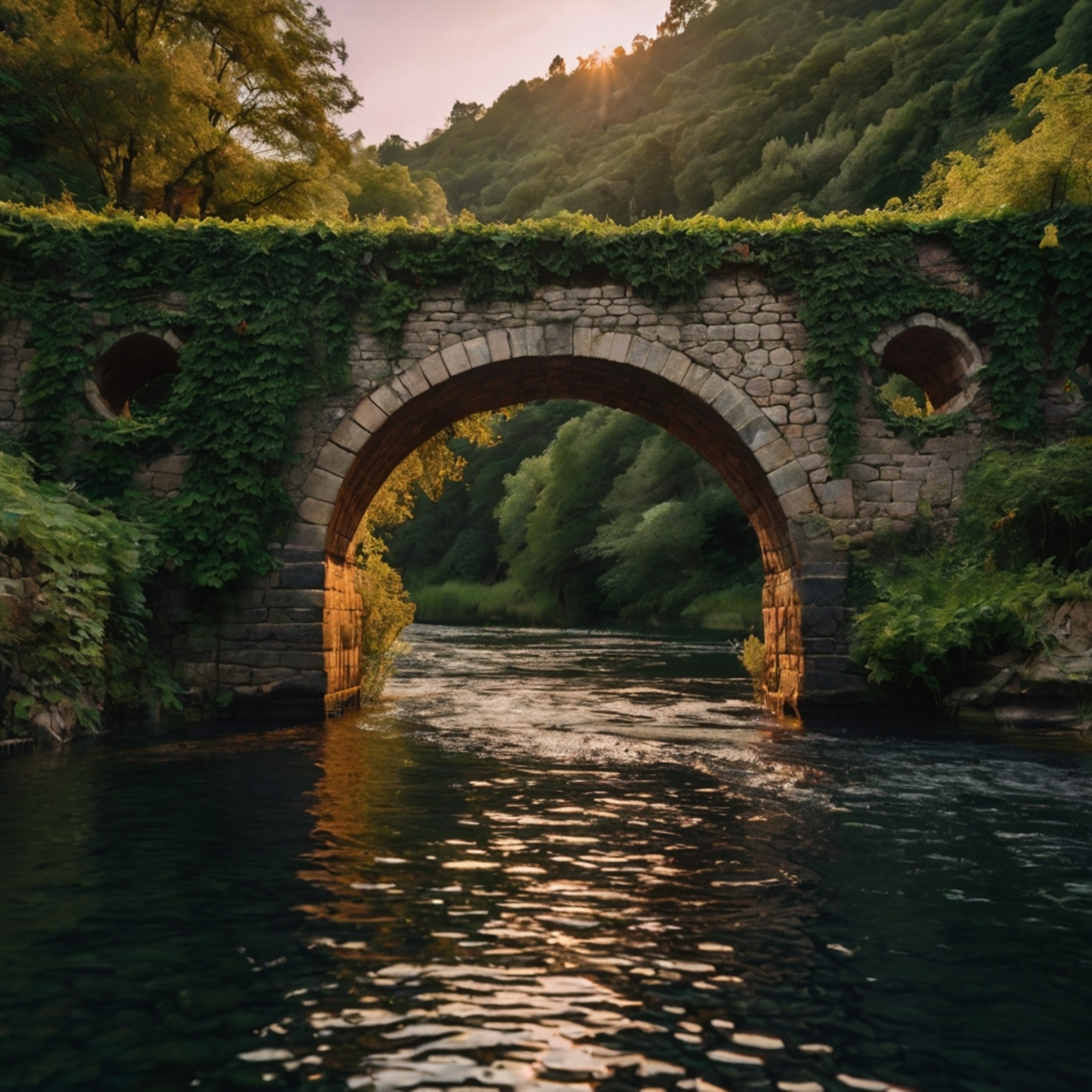 Experience the timeless beauty of an ancient bridge gracefully arching over a serene river.  Its weathered stone walls, adorn