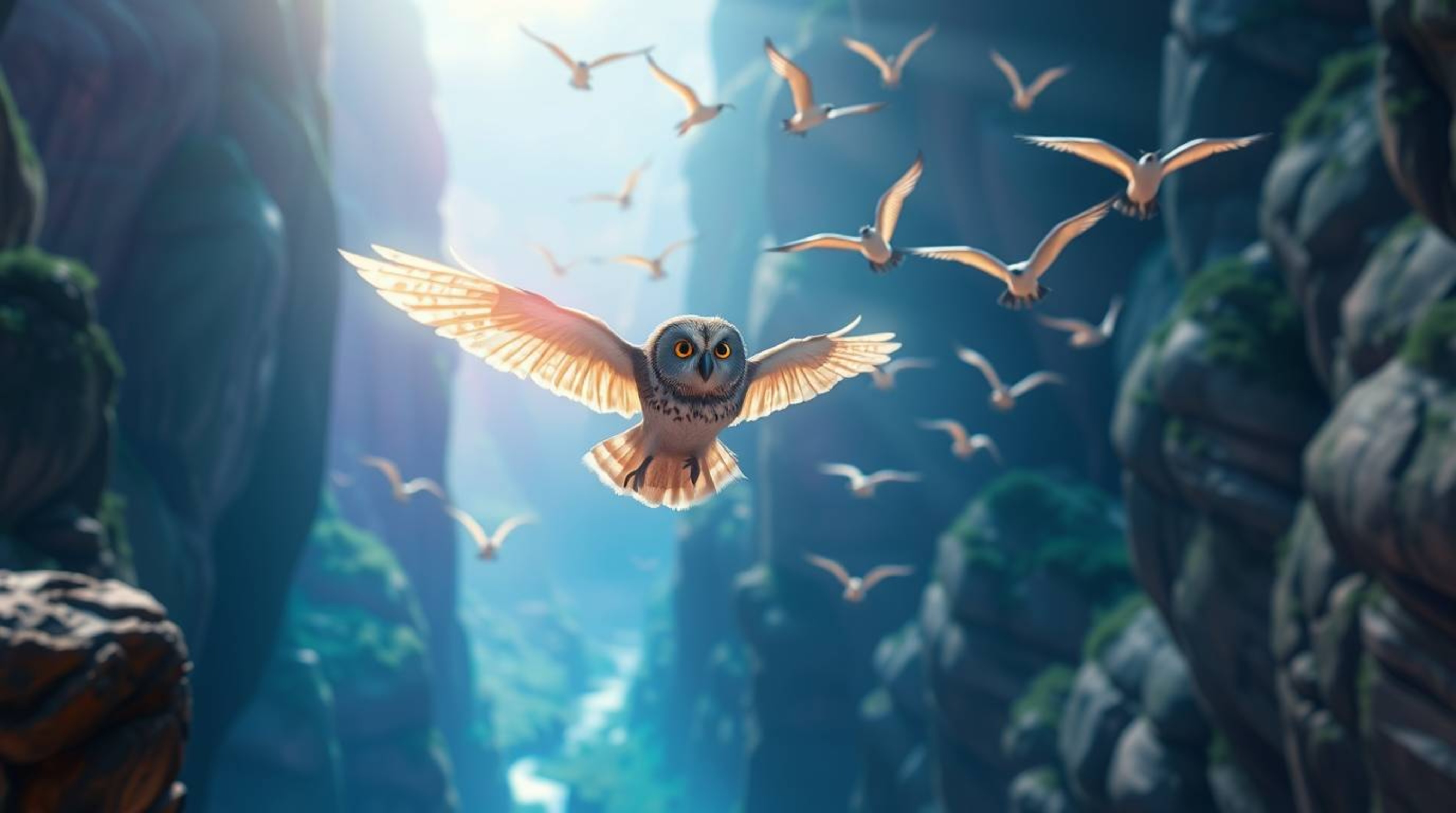 This long-exposure photograph, rendered in a beautiful Pixar style, depicts a blind owl with soft, feathery plumage teaching 