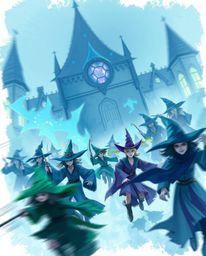 Explore a rough and dynamic digital sketch of a magical school teeming with young wizards. This artwork features cool complem