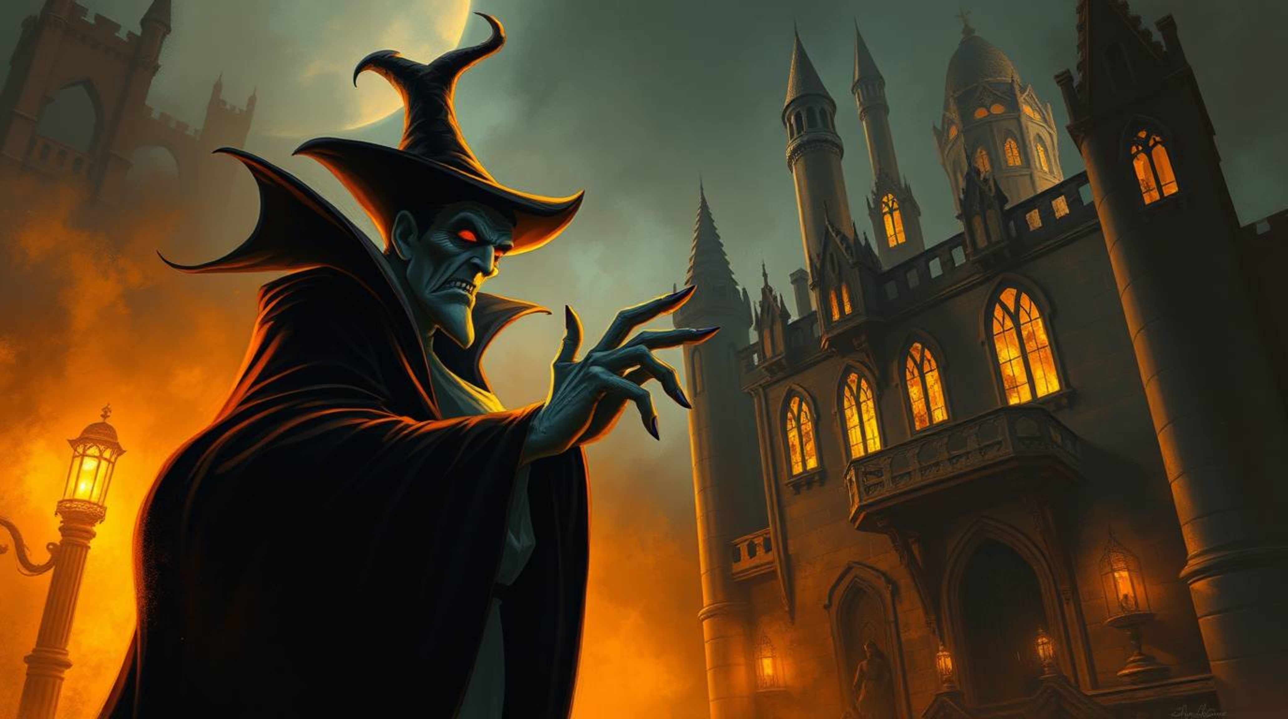 A captivating painting depicts a classic Disney villain casting a spell within the eerie confines of an old castle. The artw
