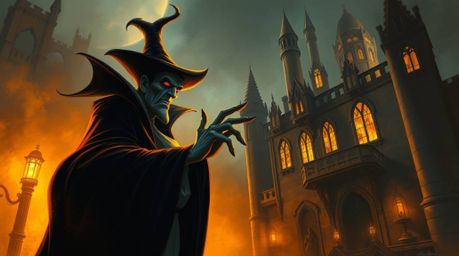 A captivating painting depicts a classic Disney villain casting a spell within the eerie confines of an old castle.  The artw