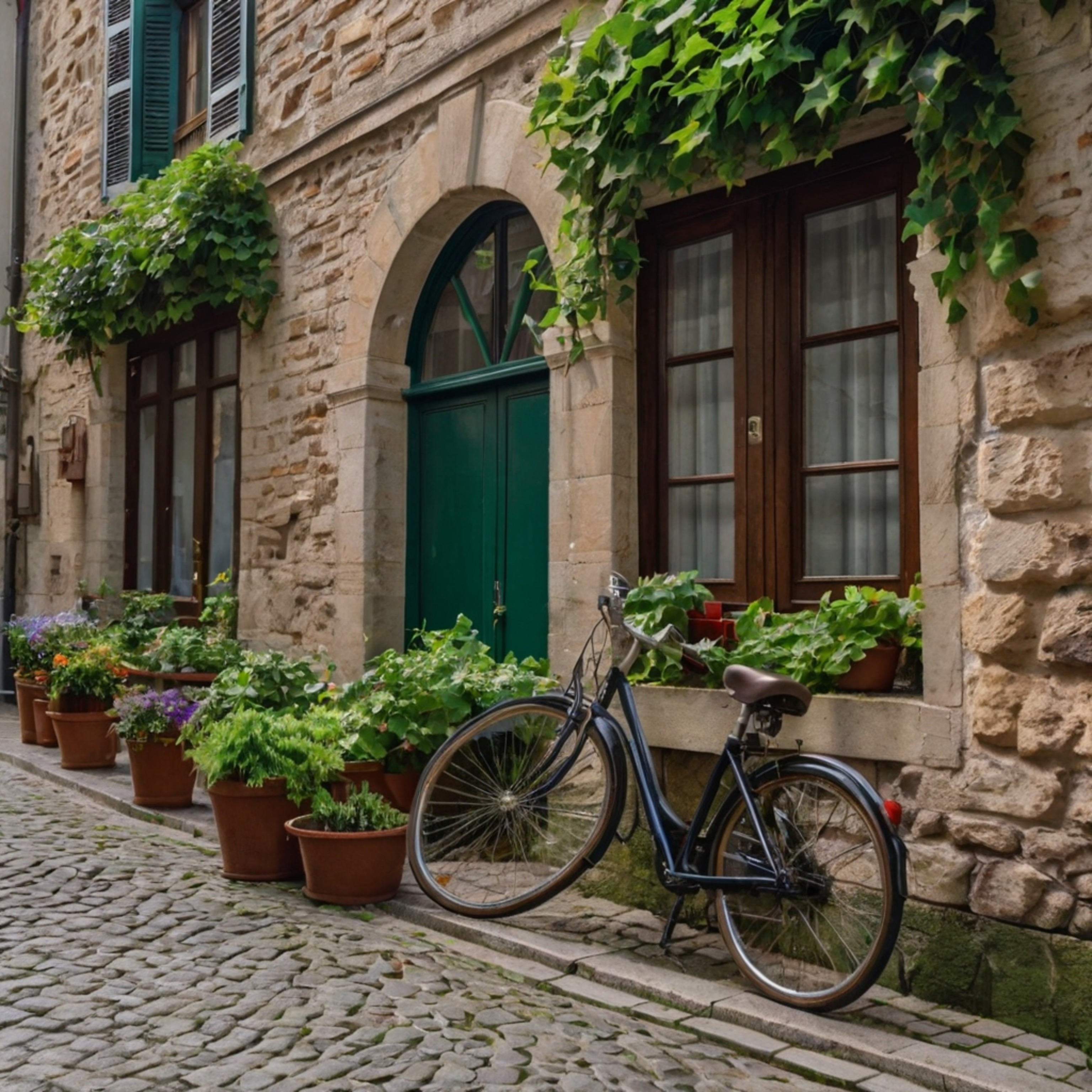 Discover the charm of a quaint European alleyway, complete with ivy-covered stone walls and vibrant flower boxes adorning the