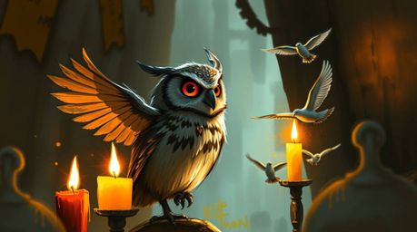 Immerse yourself in a captivating fantasy scene where warm candlelight illuminates a dynamic digital sketch of a blind owl, r