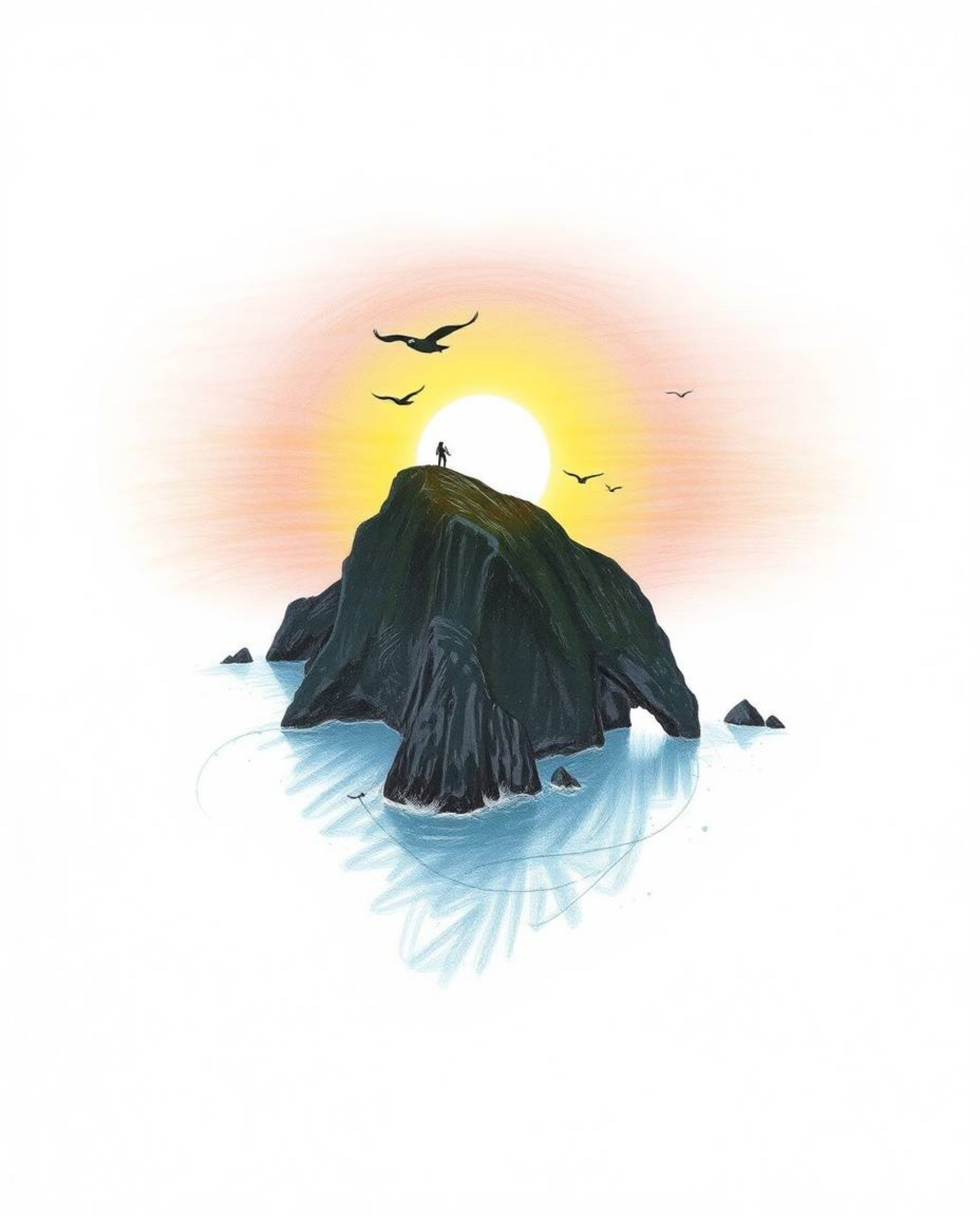 A soft pastel sunset over a coastal cliff features soaring birds silhouetted against a bright lens flare. Rendered in a hand-