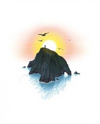 A soft pastel sunset over a coastal cliff features soaring birds silhouetted against a bright lens flare. Rendered in a hand-