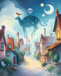 Discover a captivating watercolor painting of a sleepy town, featuring pastel-colored houses and fantastical elements.  The h