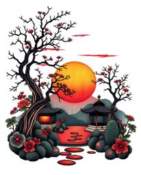 A symbolic traditional tattoo art print depicting a sunset over a serene Zen garden in vibrant colors, with a retro flair. Th