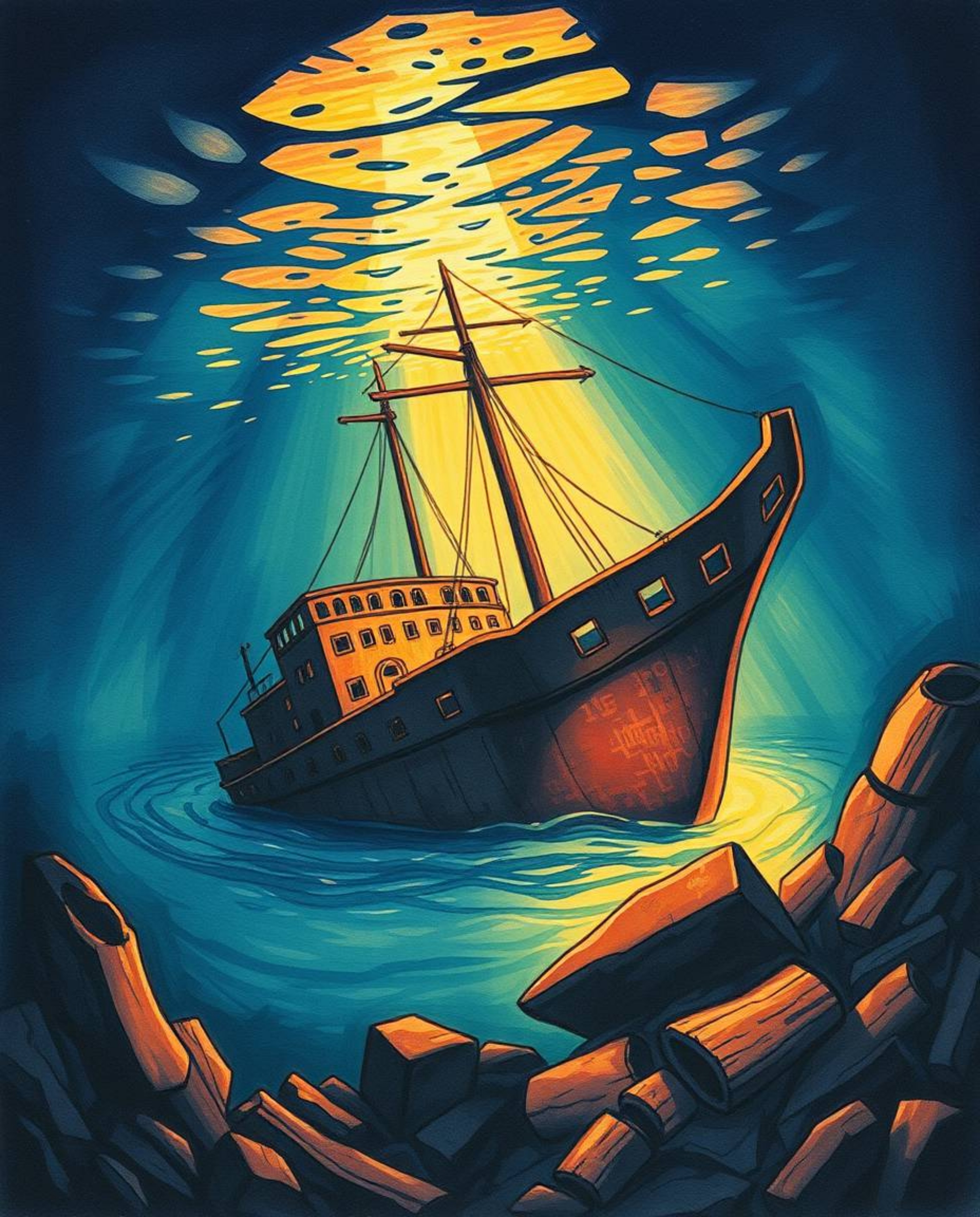 This captivating hand-drawn sketchnote depicts a shipwreck bathed in warm autumn colors, lying deep underwater. The artwork e