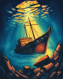 This captivating hand-drawn sketchnote depicts a shipwreck bathed in warm autumn colors, lying deep underwater. The artwork e