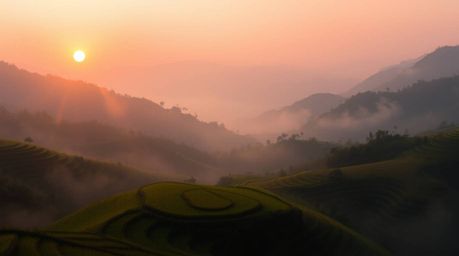 Immerse yourself in the dreamy and atmospheric digital painting of a sunset over mountainous rice terraces. This piece featur