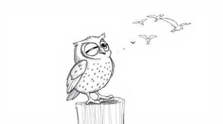 A heartwarming hand-drawn sketch depicts a blind owl, rendered in a charming Pixar style with large, expressive eyes. Perched