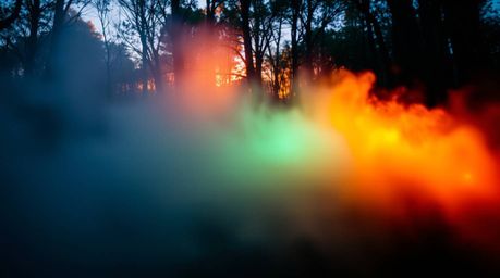 A captivating close-up captures bioluminescent mist rising from a forest at golden hour.  The image showcases electric vivid 