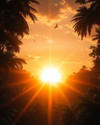 Behold a grand and epic scene of a sunset viewed through a dense jungle canopy in a modern future setting. This illustration 