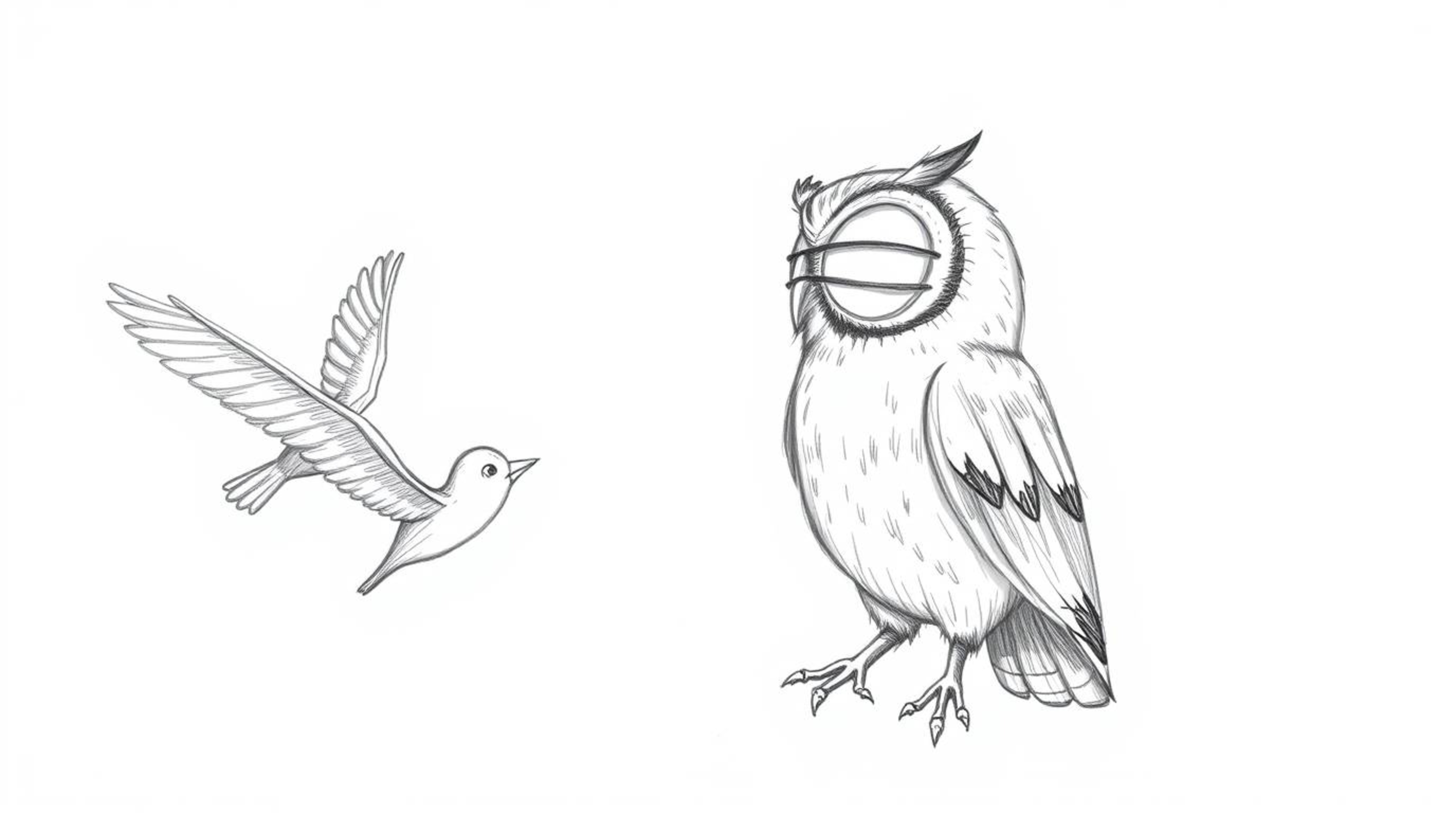 A hand-drawn sketch depicting a blind owl in Pixar style, patiently teaching birds how to fly. The artwork utilizes textured 