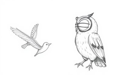 A hand-drawn sketch depicting a blind owl in Pixar style, patiently teaching birds how to fly. The artwork utilizes textured 