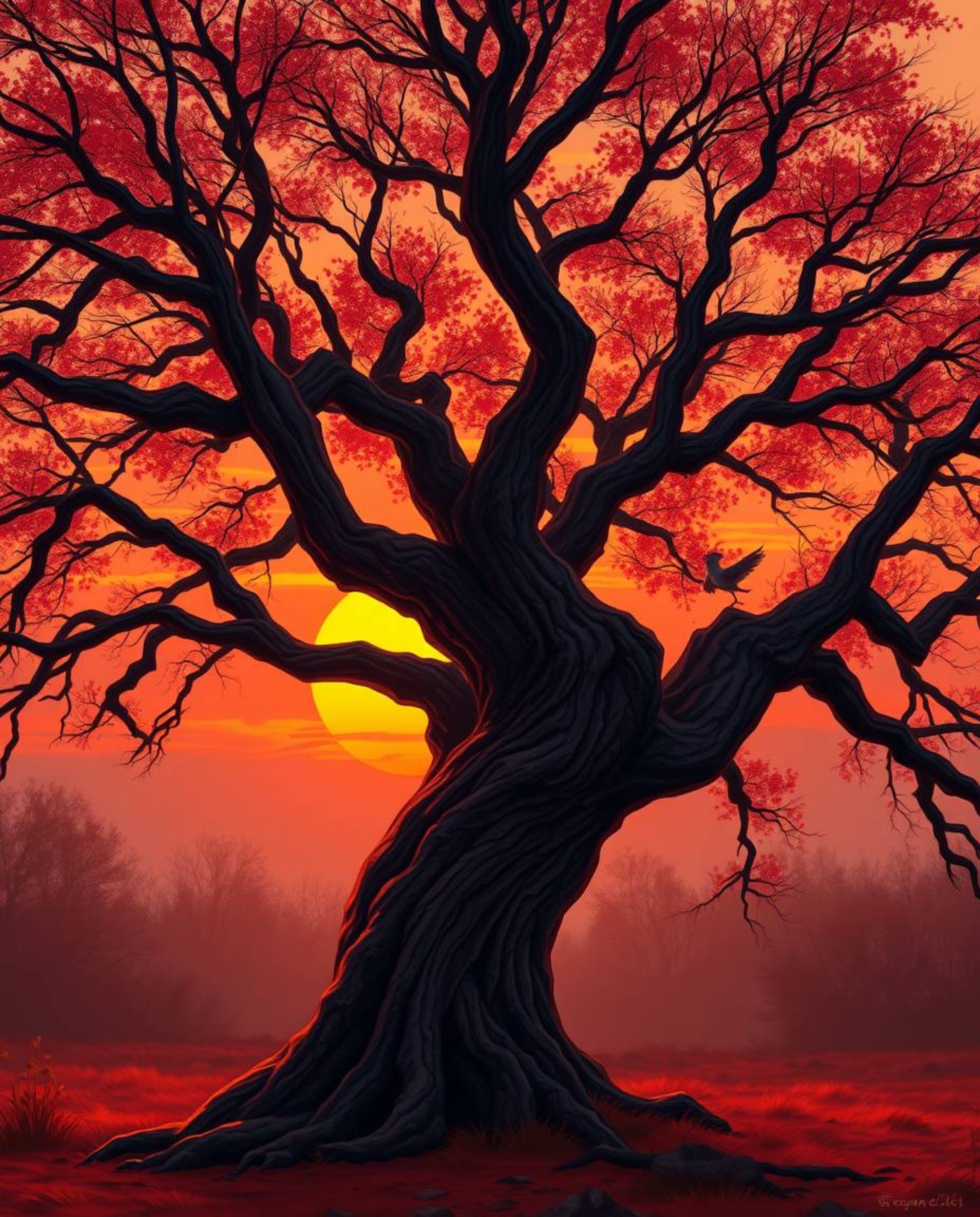 A digital painting of a warm sunset behind an old oak tree with twisted branches, featuring a stunning palette of reds, orang