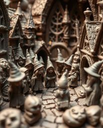 This stunning sculptural clay art piece presents an extreme close-up view of a magical school brimming with young wizards. Th