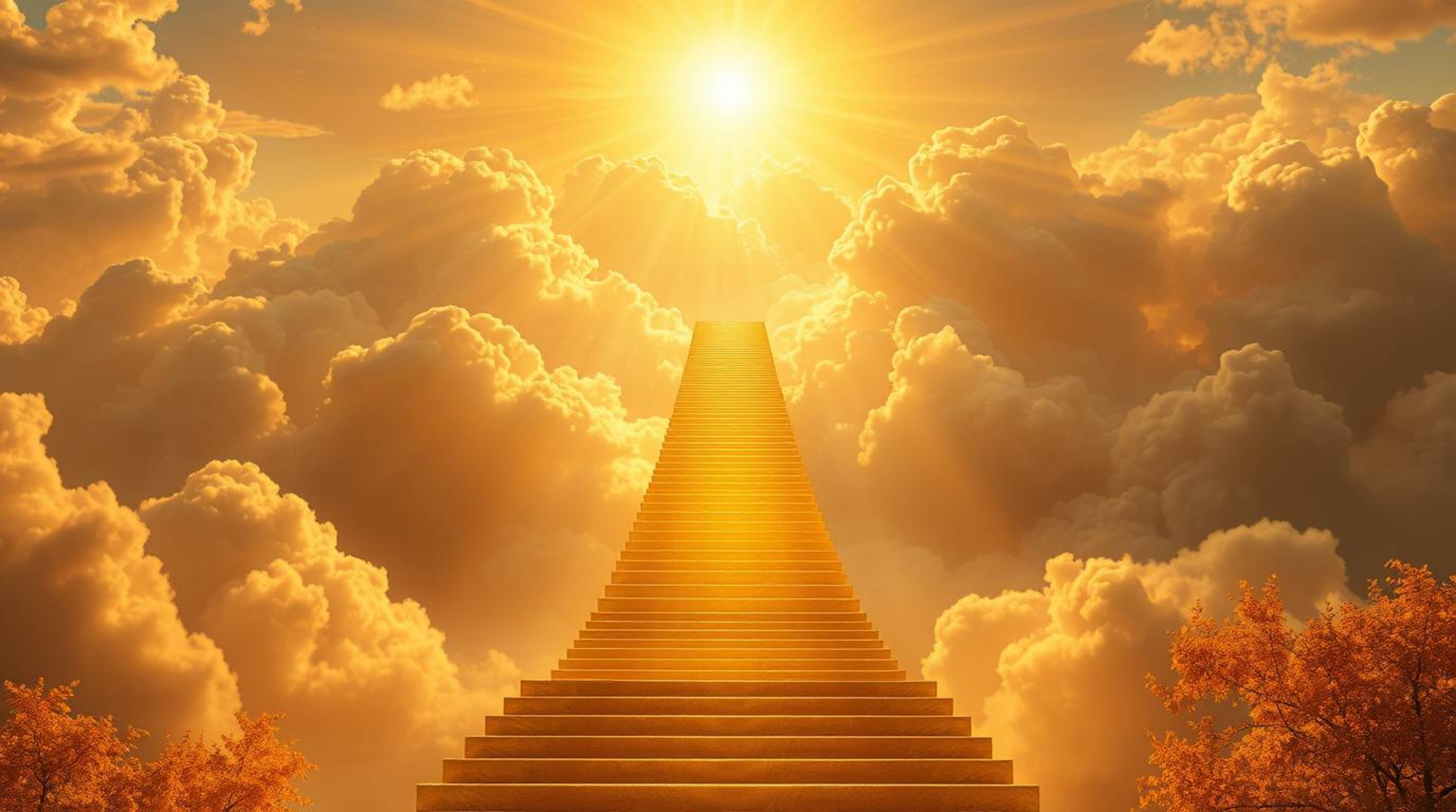 A breathtaking image depicts a grand golden staircase ascending through ethereal clouds towards a radiant, sunlit heaven.  Th