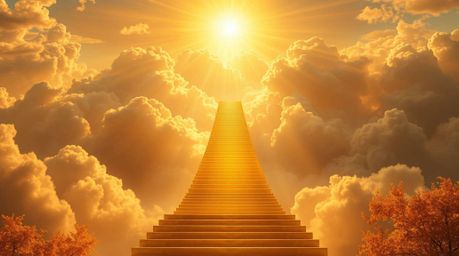 A breathtaking image depicts a grand golden staircase ascending through ethereal clouds towards a radiant, sunlit heaven.  Th