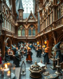This stunning extreme macro close-up photograph captures the intricate details of a magical school brimming with young wizard