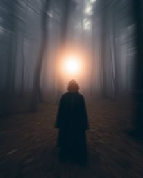 A captivating long exposure photograph featuring a cloaked figure standing within a misty forest, holding a glowing orb. The 