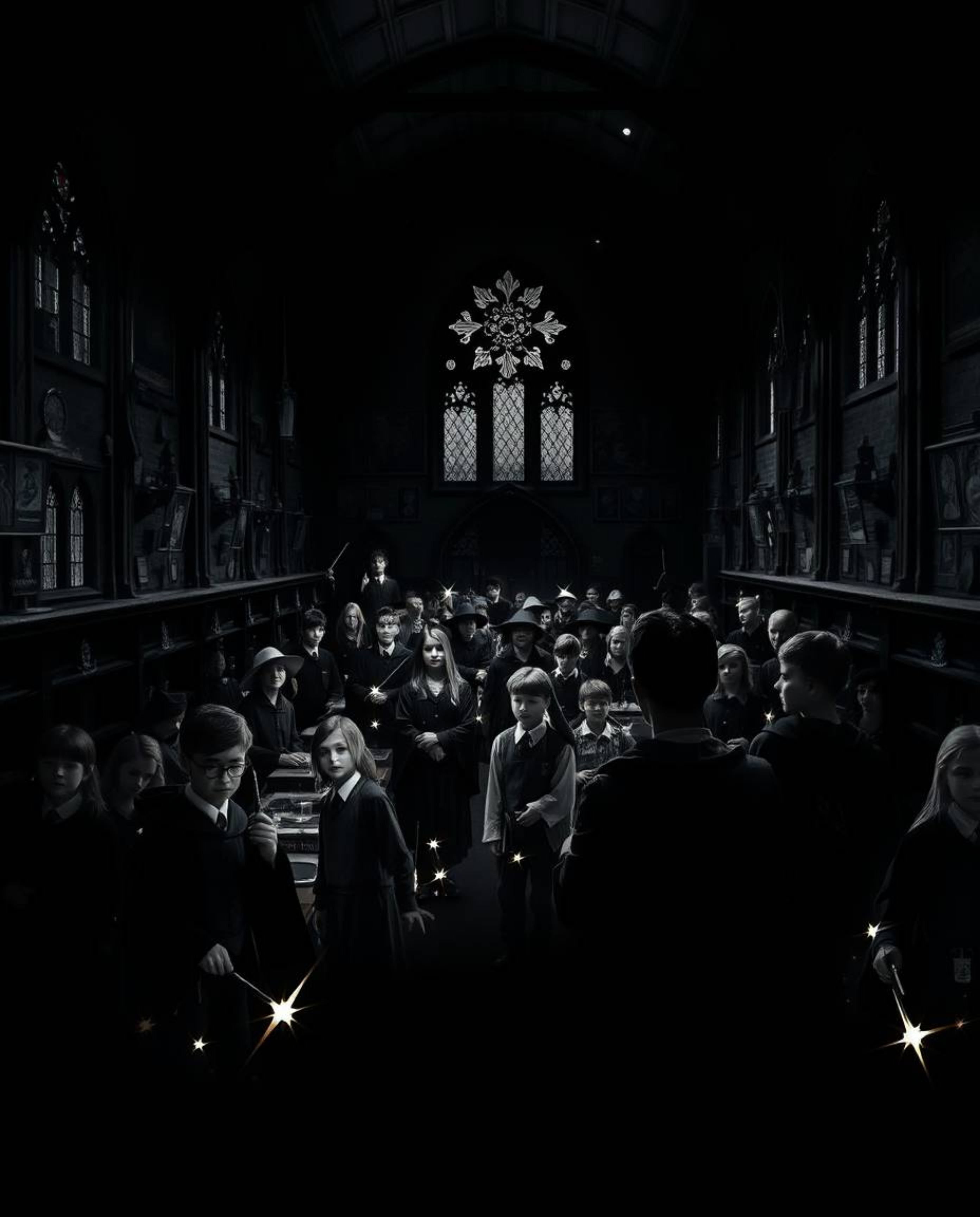 Explore a captivating high-contrast photograph of a magical school teeming with young wizards. Rendered in intense, dramatic
