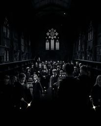 Explore a captivating high-contrast photograph of a magical school teeming with young wizards. Rendered in intense, dramatic
