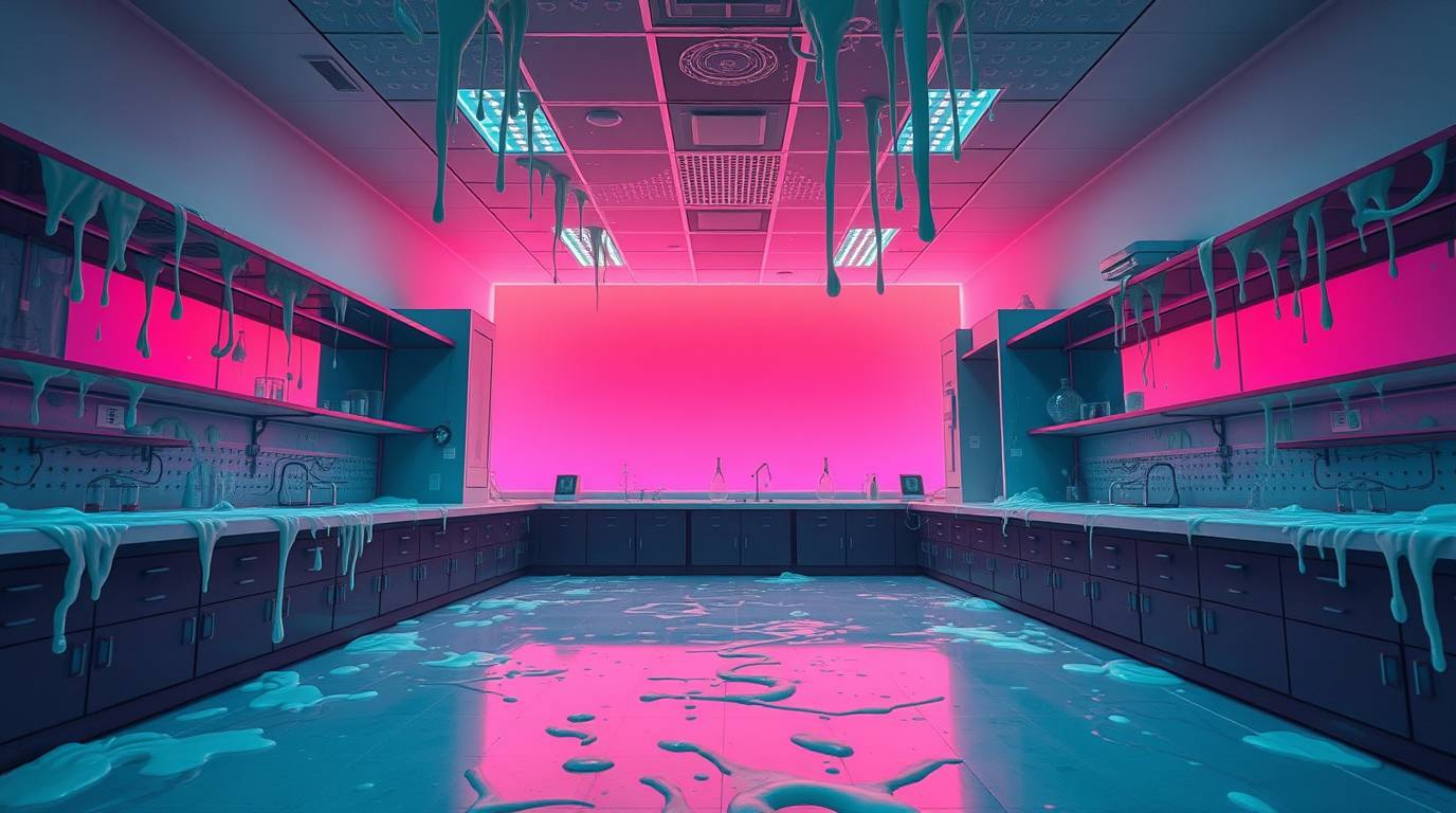 Explore a uniquely rendered slime-covered science lab from a dramatic low angle perspective, showcasing a seamless gradient t