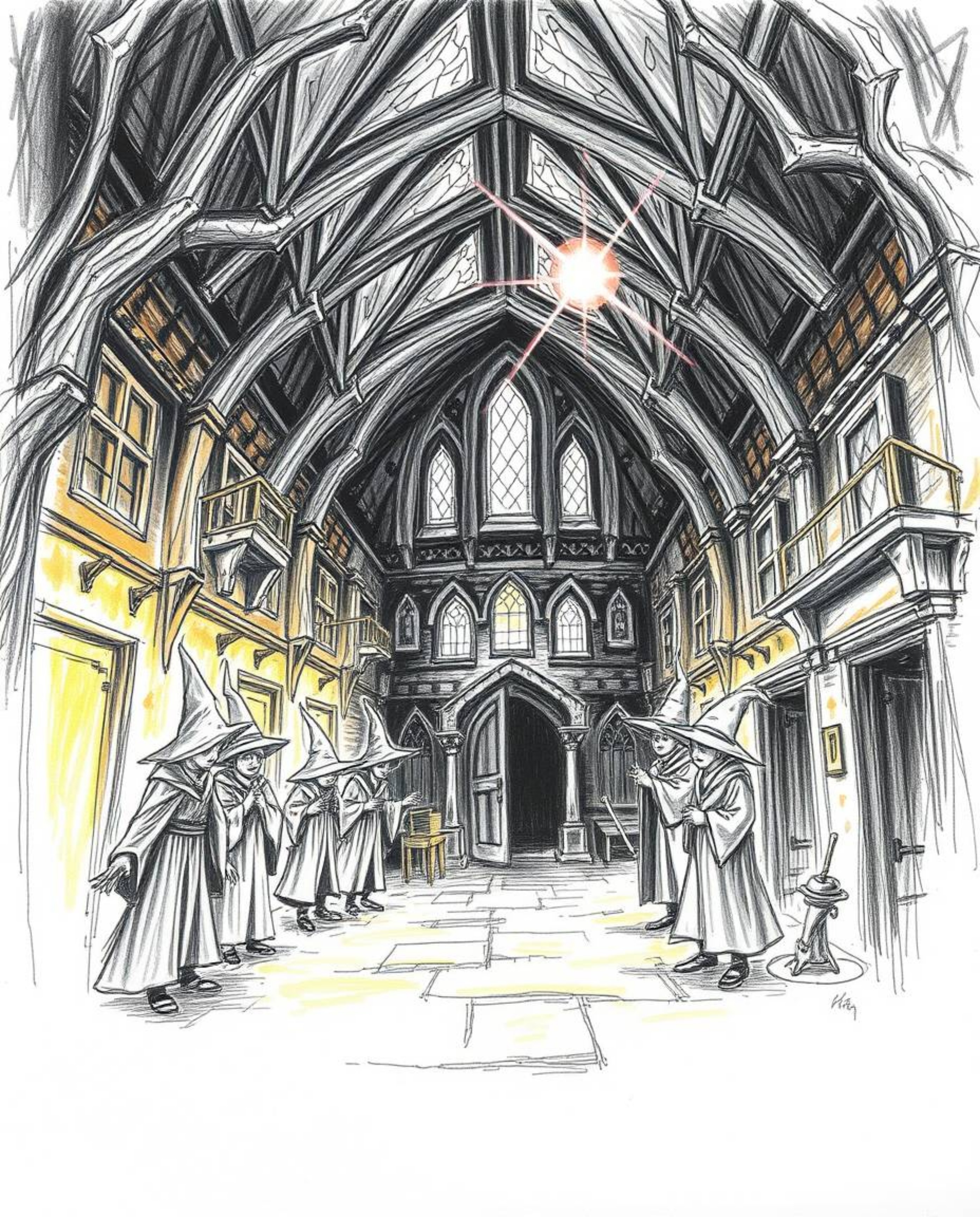 Explore a hand-drawn sketch of a magical school teeming with young wizards, rendered in a creepy and eerie atmosphere. The ar