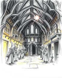 Explore a hand-drawn sketch of a magical school teeming with young wizards, rendered in a creepy and eerie atmosphere. The ar