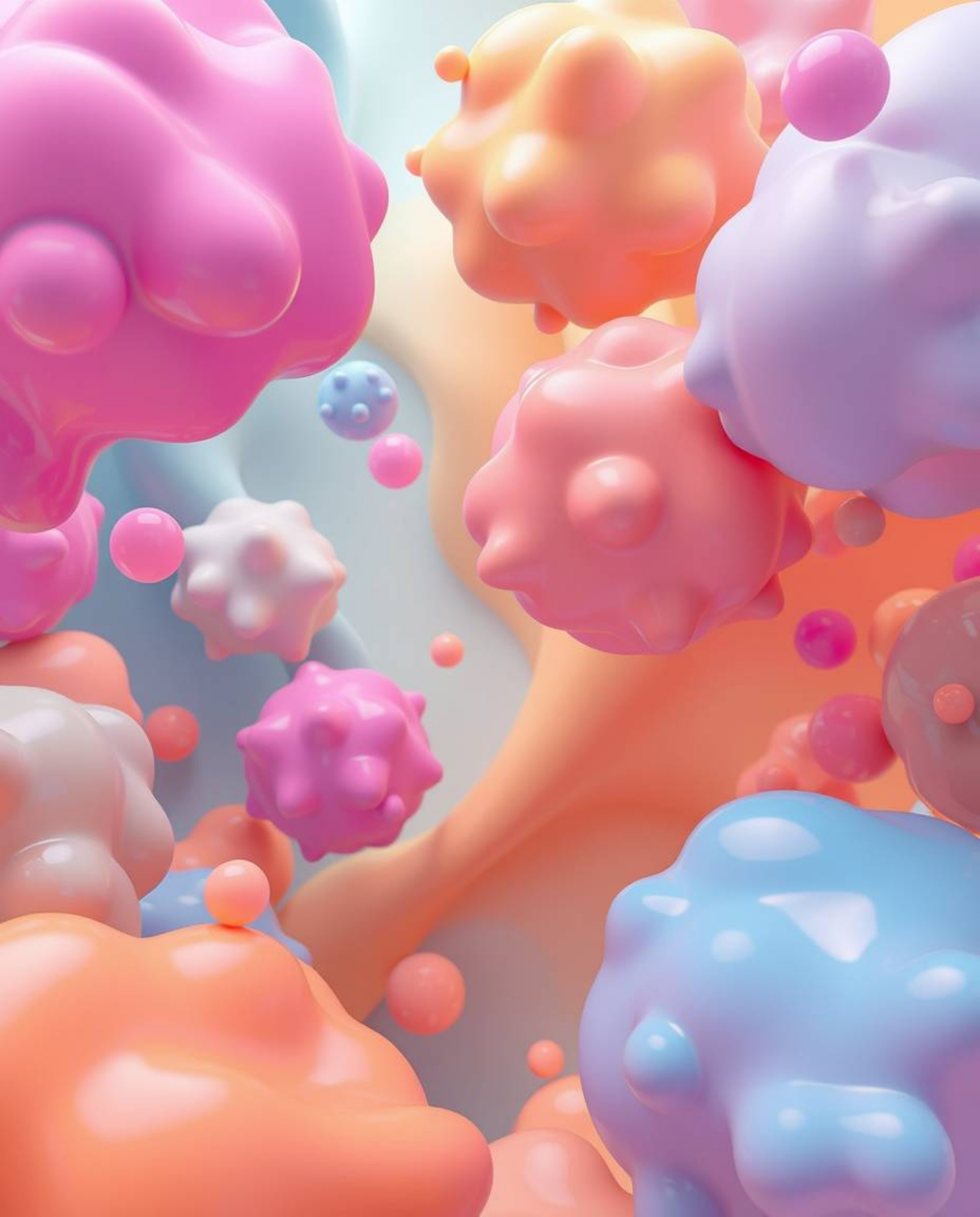 Explore a dreamlike and surreal digital landscape filled with floating 3D blobs of fluid jelly, rendered in vibrant colors an