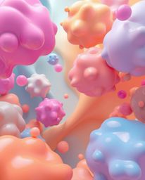 Explore a dreamlike and surreal digital landscape filled with floating 3D blobs of fluid jelly, rendered in vibrant colors an