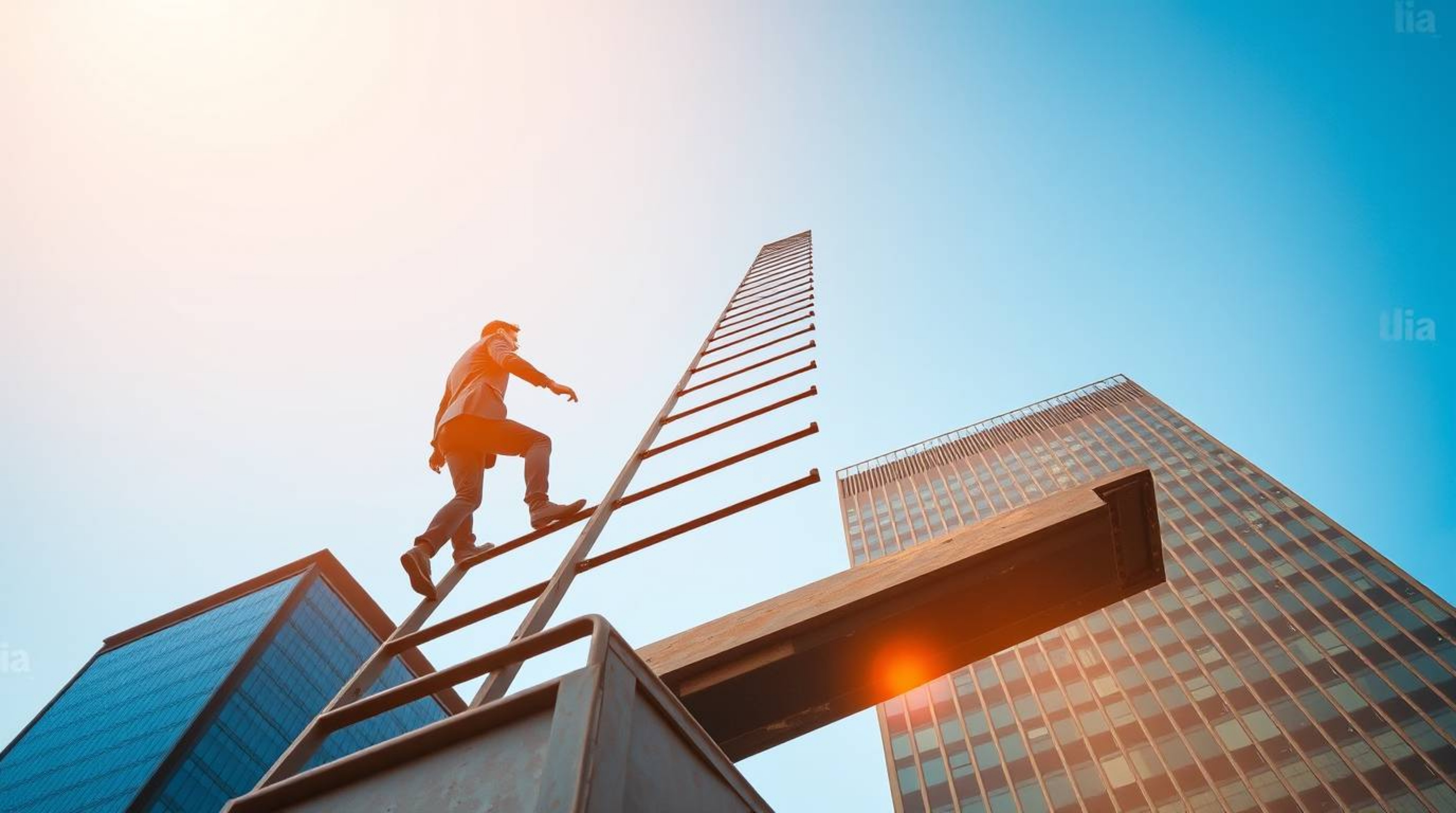An abstract image depicting the concept of success. A cast bronze figure, bathed in warm golden hour light, climbs a transpar