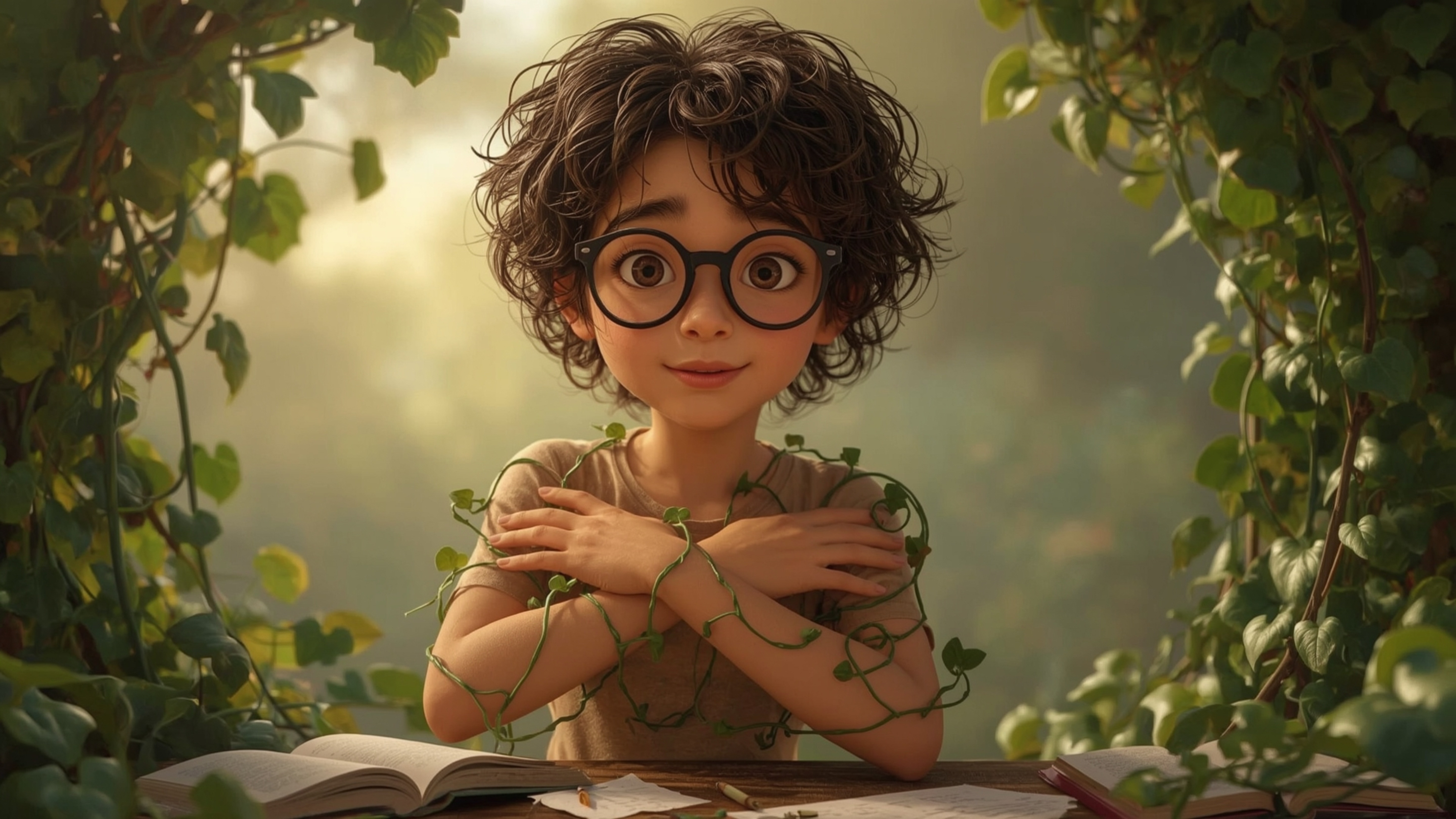 In a vibrant, cinematic photograph inspired by Pixar, a bespectacled, curly-haired homeschooled genius is surrounded by lush 