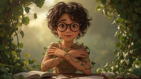 In a vibrant, cinematic photograph inspired by Pixar, a bespectacled, curly-haired homeschooled genius is surrounded by lush 