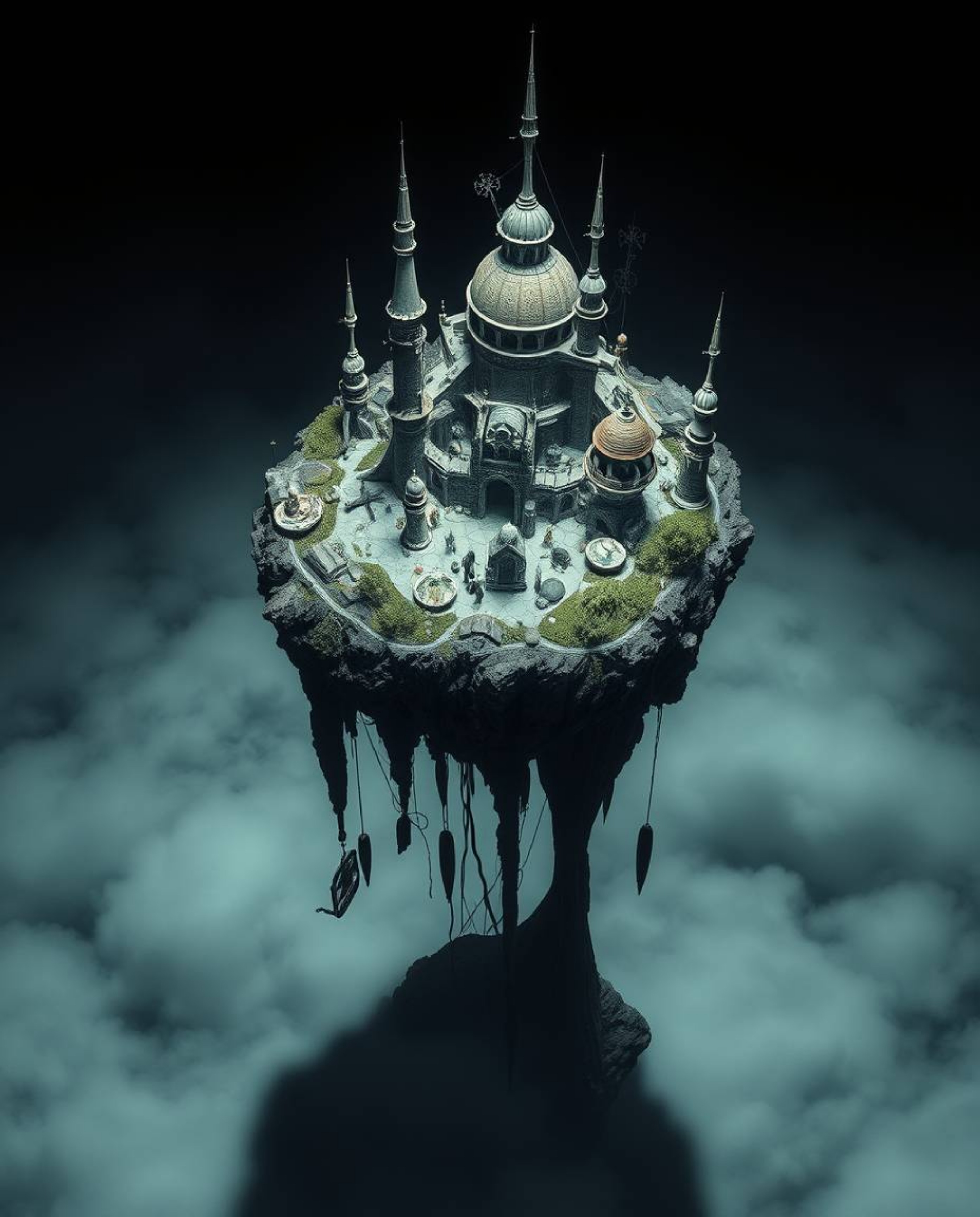 Explore a breathtaking surreal floating island featuring peculiar architecture and striking high-contrast, low-key lighting. 