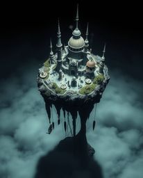 Explore a breathtaking surreal floating island featuring peculiar architecture and striking high-contrast, low-key lighting. 