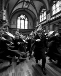 Explore a captivating world of classic black and white photography where dynamic motion brings a magical school filled with y