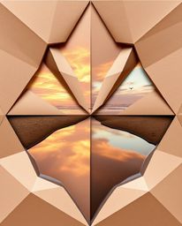 An intricate, origami-style image depicts a sunset sky mirrored in the tidal pools of a beach. This artwork is characterized 