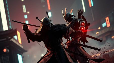Witness a thrilling clash of cultures and technology in a dystopian world where a lone samurai battles a relentless robot. In